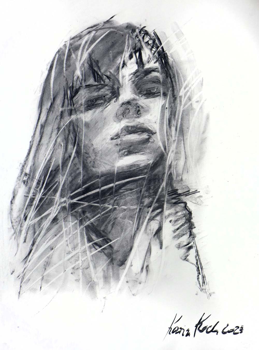 Junge Frau, Kohlezeichnung auf Karton, 59 x 42 cm